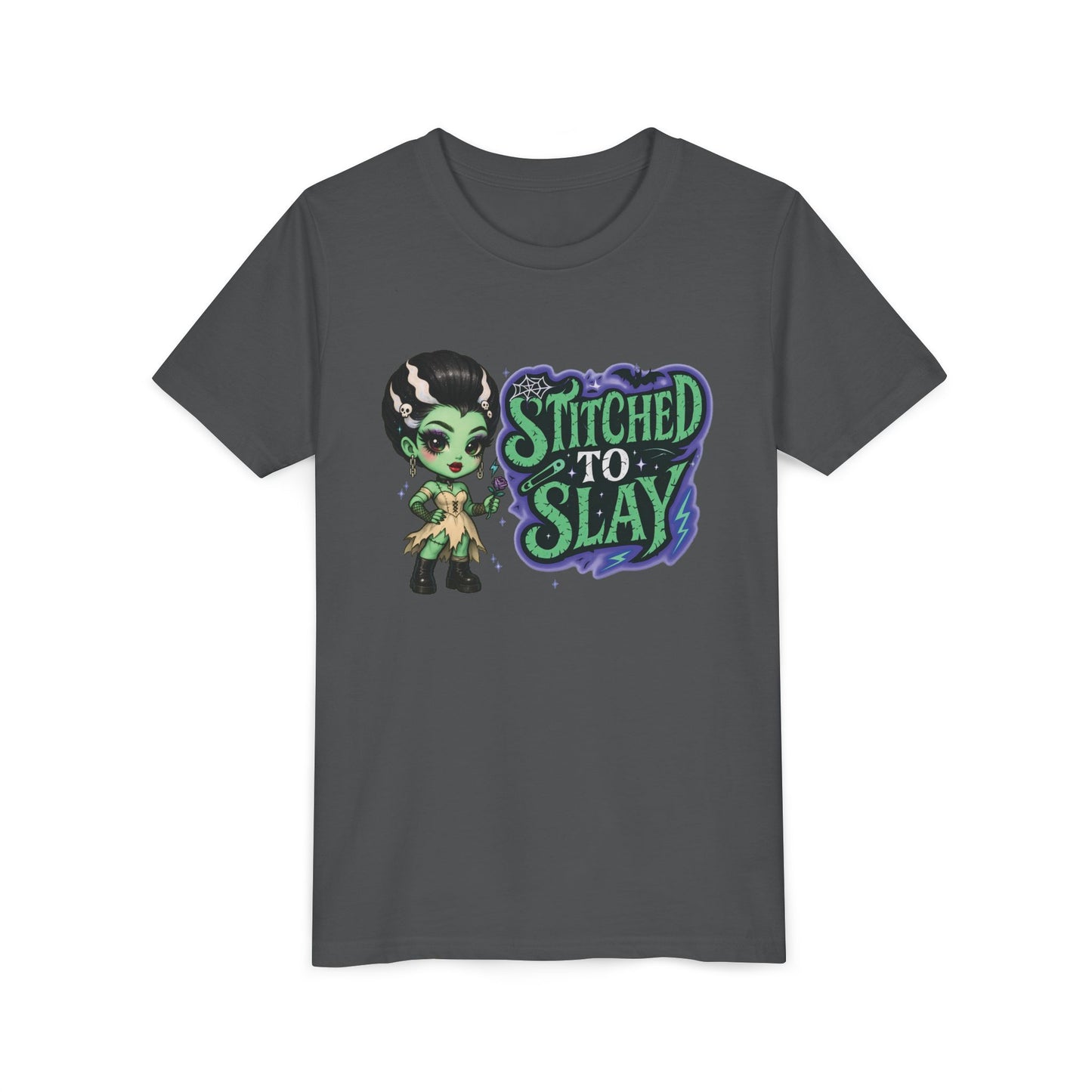 Bride of Frankenstein ''Stitched to slay'' Youth Tee, Halloween T-Shirt, Kids Tee, Cute Graphic Shirt, Youth Apparel