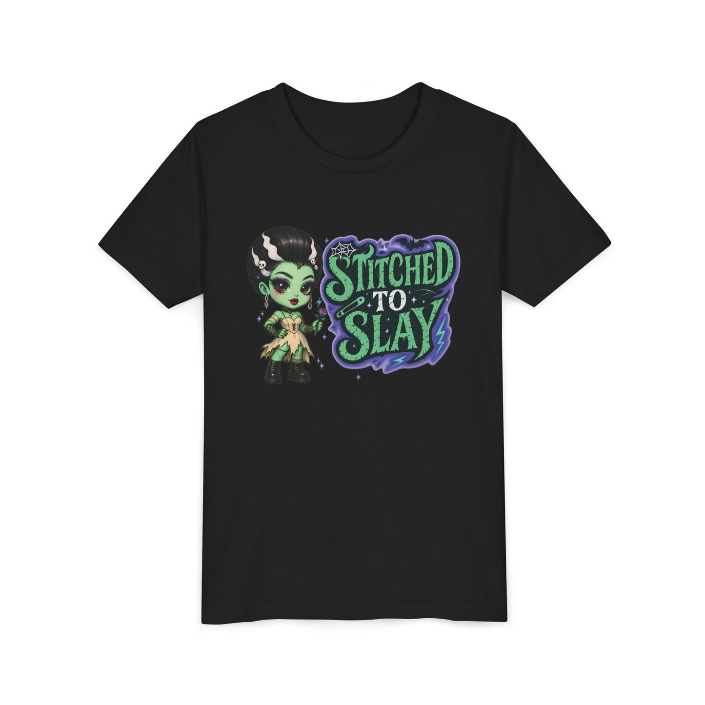 Bride of Frankenstein ''Stitched to slay'' Youth Tee, Halloween T-Shirt, Kids Tee, Cute Graphic Shirt, Youth Apparel