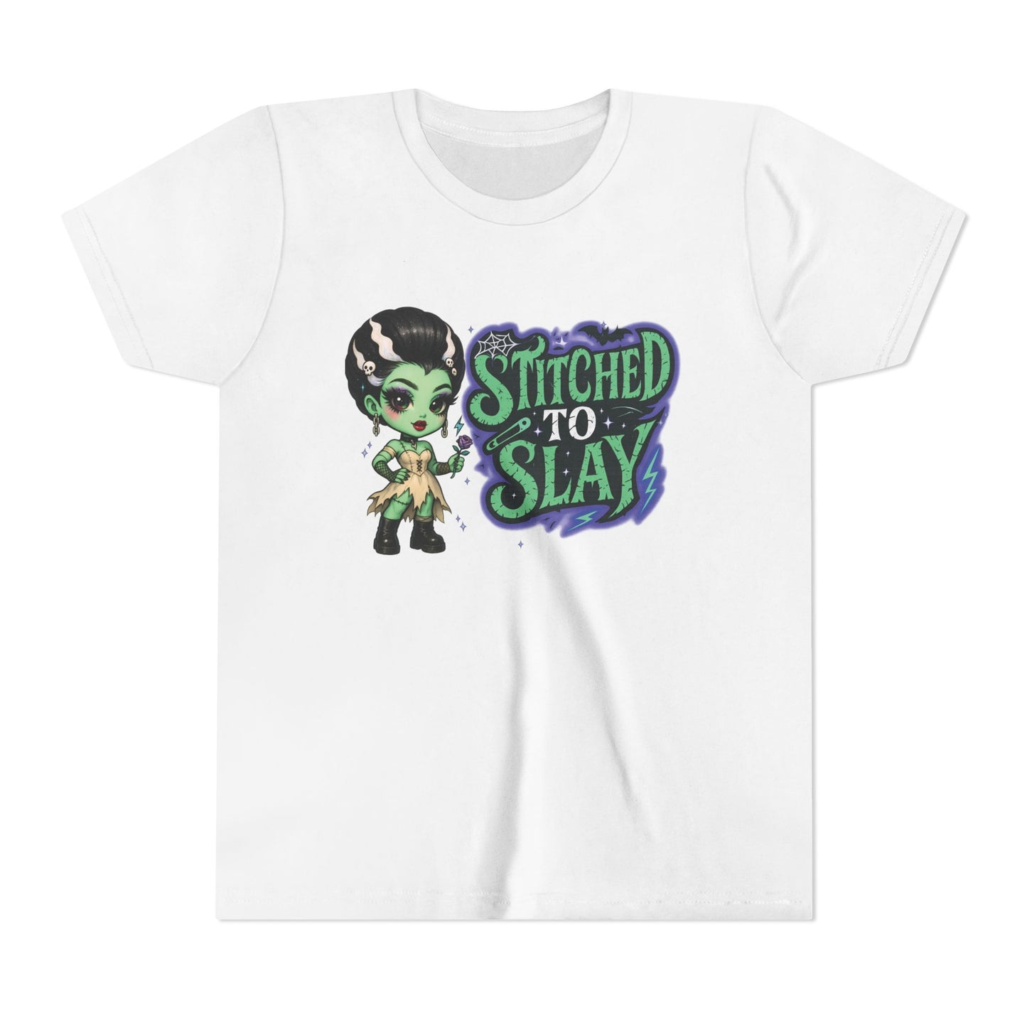 Bride of Frankenstein ''Stitched to slay'' Youth Tee, Halloween T-Shirt, Kids Tee, Cute Graphic Shirt, Youth Apparel