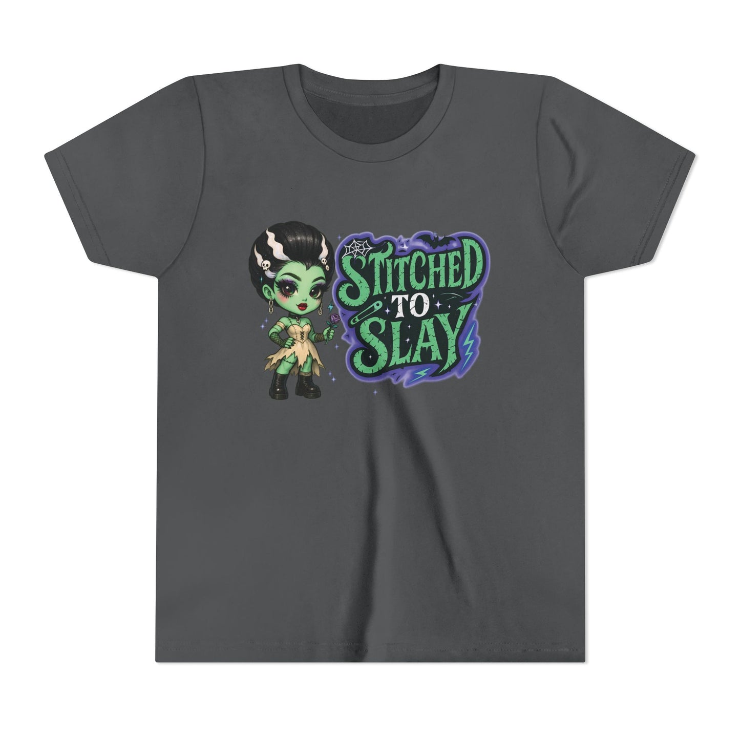 Bride of Frankenstein ''Stitched to slay'' Youth Tee, Halloween T-Shirt, Kids Tee, Cute Graphic Shirt, Youth Apparel