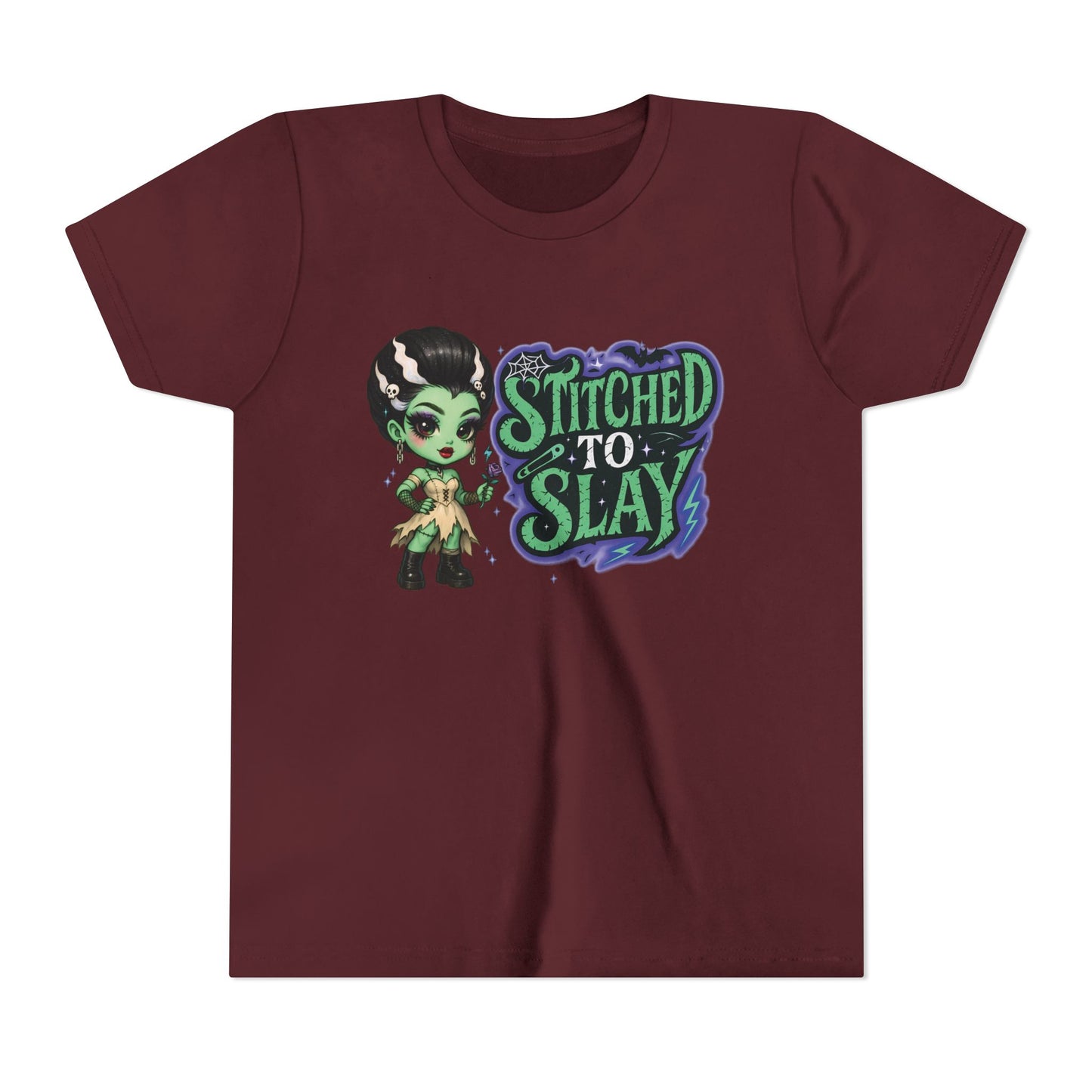Bride of Frankenstein ''Stitched to slay'' Youth Tee, Halloween T-Shirt, Kids Tee, Cute Graphic Shirt, Youth Apparel
