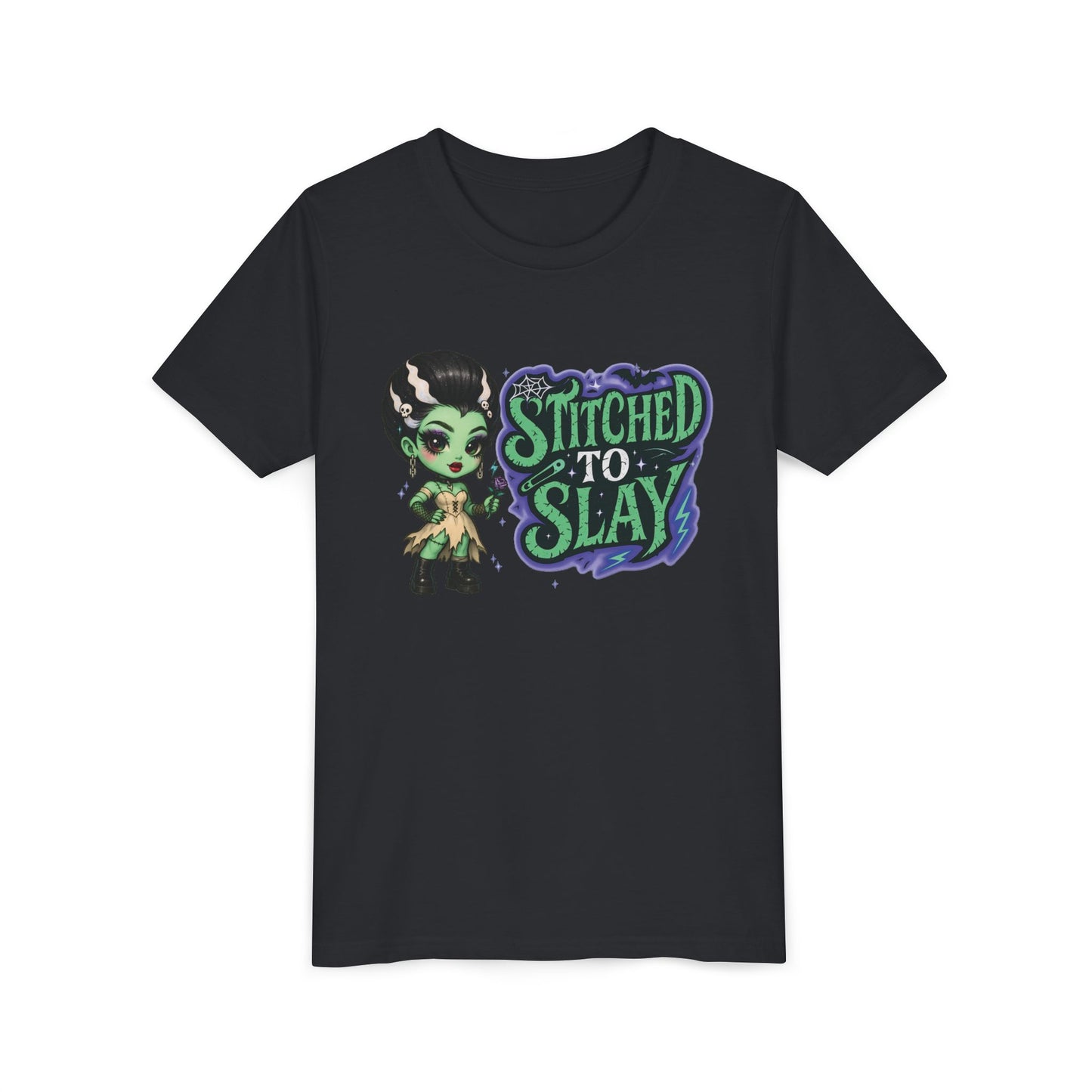 Bride of Frankenstein ''Stitched to slay'' Youth Tee, Halloween T-Shirt, Kids Tee, Cute Graphic Shirt, Youth Apparel
