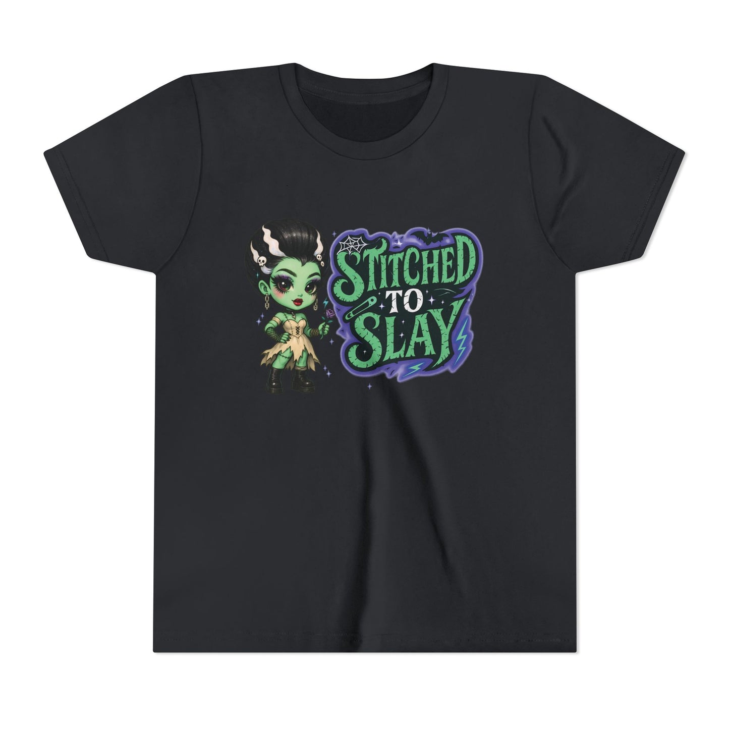 Bride of Frankenstein ''Stitched to slay'' Youth Tee, Halloween T-Shirt, Kids Tee, Cute Graphic Shirt, Youth Apparel