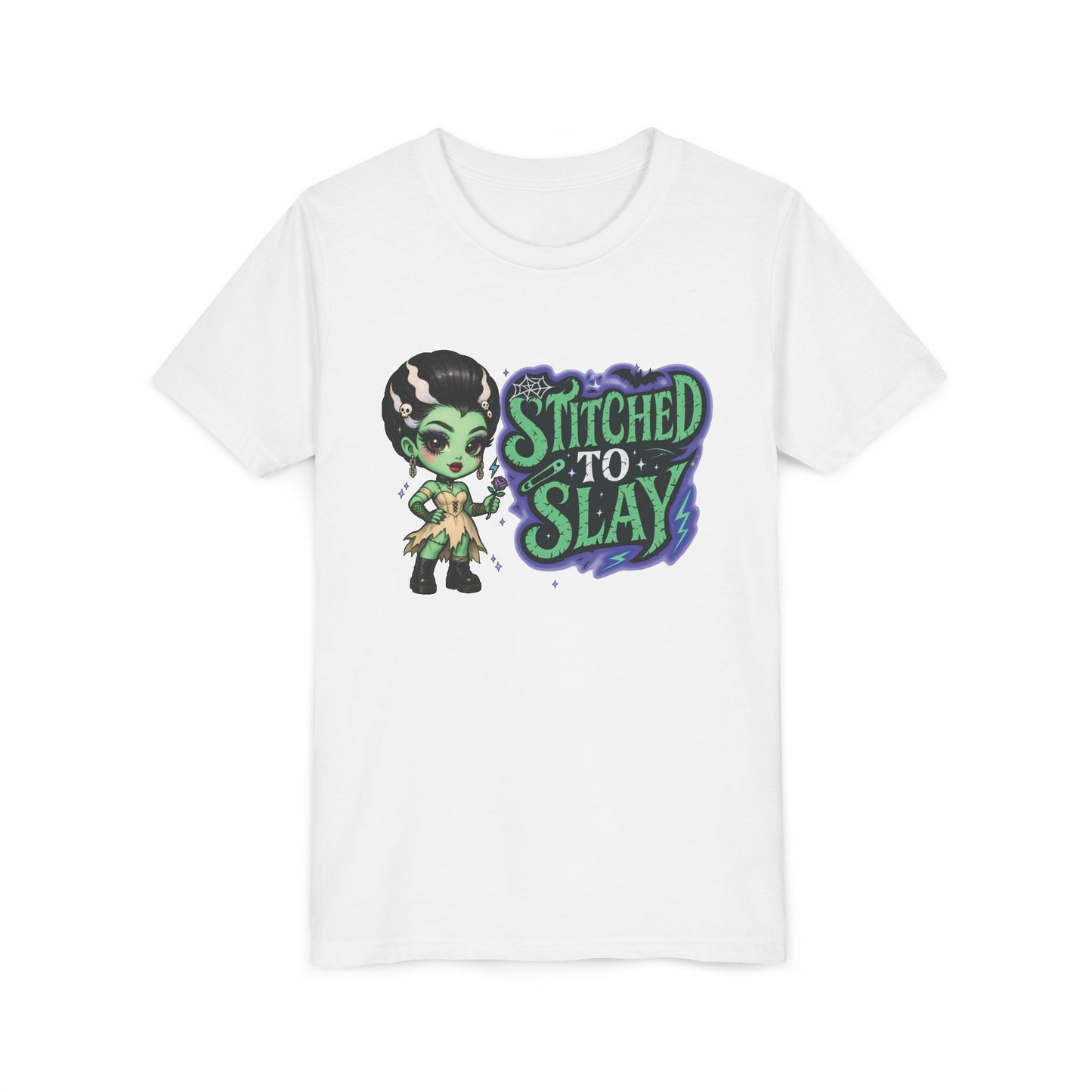 Bride of Frankenstein ''Stitched to slay'' Youth Tee, Halloween T-Shirt, Kids Tee, Cute Graphic Shirt, Youth Apparel