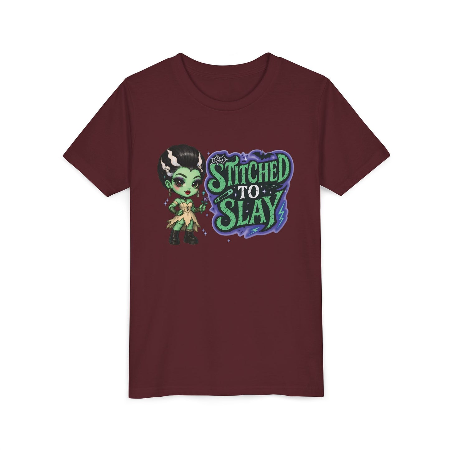 Bride of Frankenstein ''Stitched to slay'' Youth Tee, Halloween T-Shirt, Kids Tee, Cute Graphic Shirt, Youth Apparel